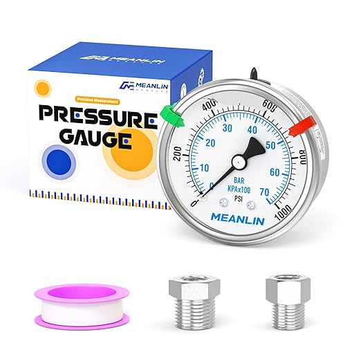 MEANLIN MEASURE 0~1000Psi Stainless Steel Liquid Filled Pressure Gauge 2.5" FACE DIAL 1/4" NPT for WOG Water Oil Air Back Mount with Stainless Steel Hex Bushing and Snaps