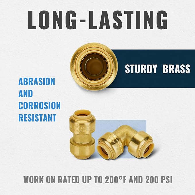 SUNGATOR Push Fittings 1/2 Inch, Straight Coupling (5 PCS), 90 Degree Elbow (5 PCS), No Lead Brass Plumbing Fittings for Pex Pipe, Copper, CPVC, with 1 Disconnect Clip, Pack of 10