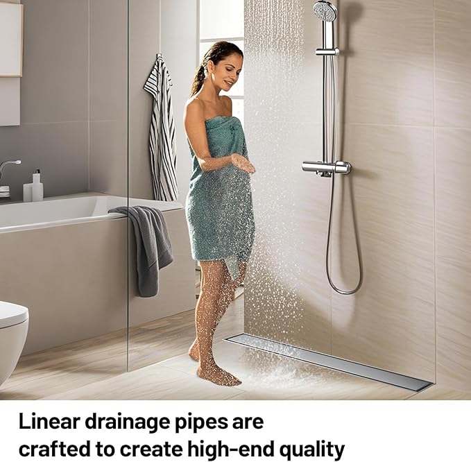Linear Shower Drain, 304 Stainless Steel with Adjustable Leveling Feet, Hair Strainer,Reversely Install Place to Create an Invisible Floor Drain - Silver -18-Inch