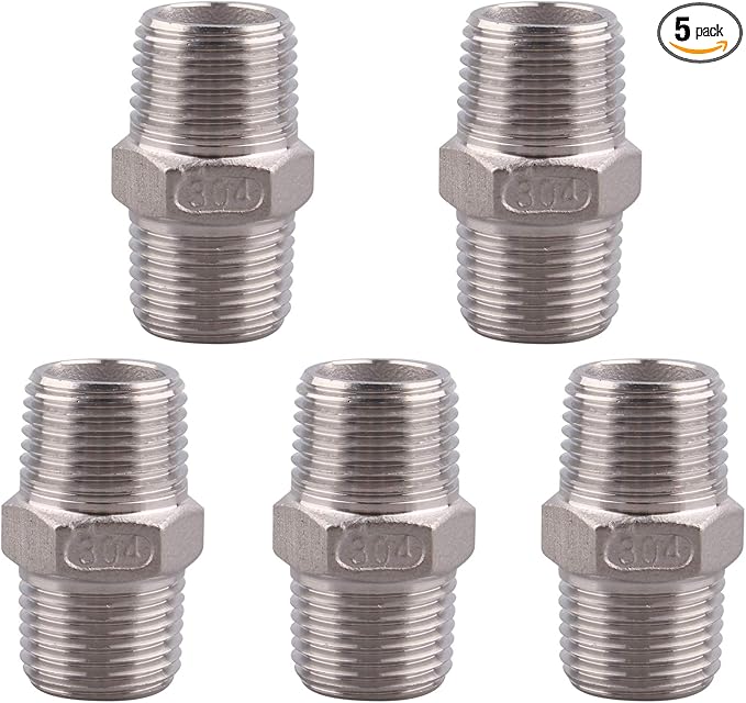 Hex Nipple 1/2 Inch Male NPT - DERPIPE Stainless Steel 304 Threaded Pipe Fitting for Brew Kit, Home Piping Application(Pack of 5)