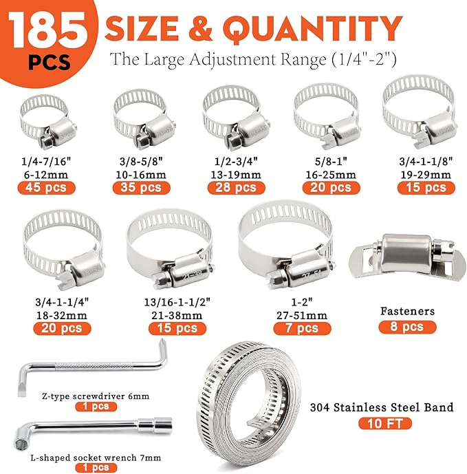 185PCS 304 Stainless Steel Worm Gear Hose Clamps,1/4"-2"(6-51mm) Hose Clamp Assortment with 1-Set 9.84FT Metal Strap+8 Fasteners for Secure Plumbing, Automotive, Fuel Line,Industrial Applications