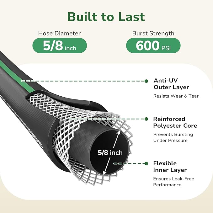 GreatBuddy Garden Hose 75ft, 5/8" Water Hose Heavy Duty, Flexible, Lightweight Hybrid Hose, Burst 600 PSI with Solid Brass Male to Female Fittings Leakproof Hose for Backyard, Garden