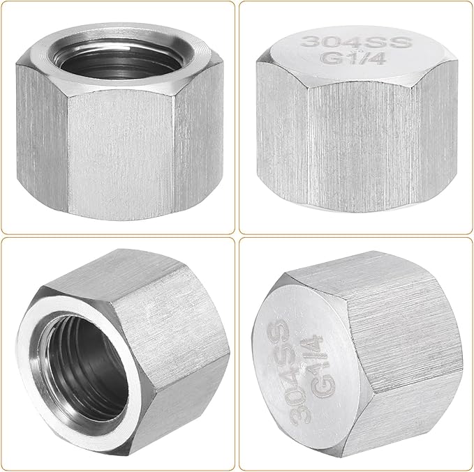 uxcell 2pcs Hex End Cap 304 Stainless Steel Nut with Washer, G1/4" Female Thread Pipe Fitting, Gas Line Water Line Stop Valve Cap Tubing Ends for Plumbing Fittings, Silver Tone