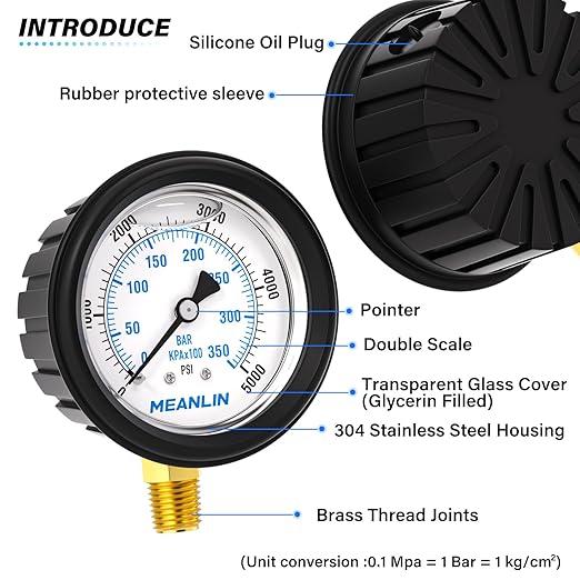 MEANLIN MEASURE 0~5000Psi Stainless Steel 1/4" NPT 2.5" FACE DIAL Liquid Filled Pressure Gauge, Lower Mount (with Rubber Protective Sleeve), with 1/2" NPT and 3/8" NPT Hex Bushing