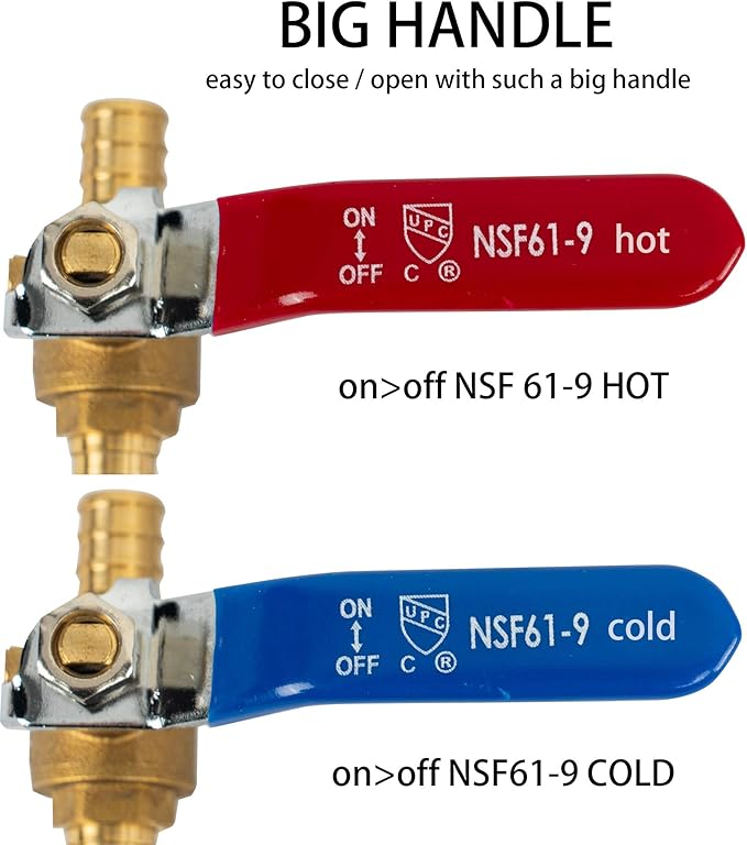 Hourleey 10 Pieces 1/2 Inch Pex Brass Full Port Shut Off Ball Valve HOT AND COLD, Quarter Turn HOT (RED) COLD (BLUE) of Brass Water Stop Shutt off