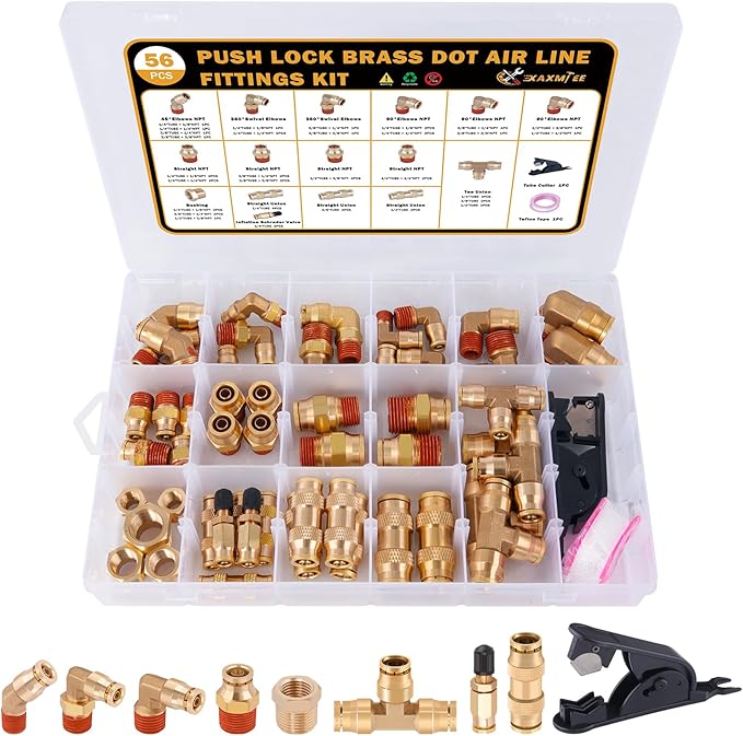 56 Pcs Brass DOT Air Line Fittings kit with Brass Bushings Push to Connect Fittings Push Lock DOT Air Fittings NPT Thread & Quick Connect Air Hose Fittings