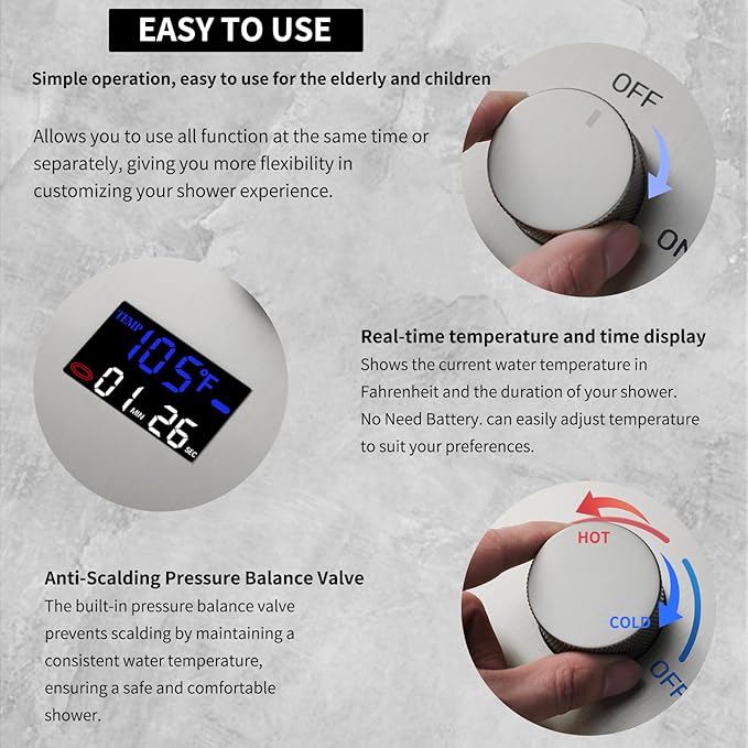 4 Way Shower Diverter Valve with Temperature Display Brass Rough-In Shower Mixing Valve Kit Replacement Can Work At The Same Time, Brushed Nickel