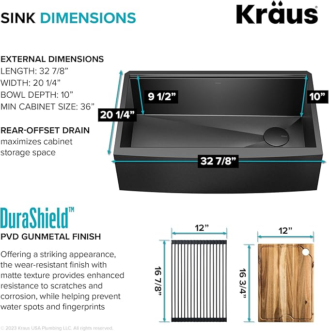 KRAUS Kore Workstation 33-inch Farmhouse Modern Flat Apron Front 16 Gauge Black Stainless Steel Single Bowl Kitchen Sink in PVD Gunmetal Finish with Accessories, KWF410-33/PGM