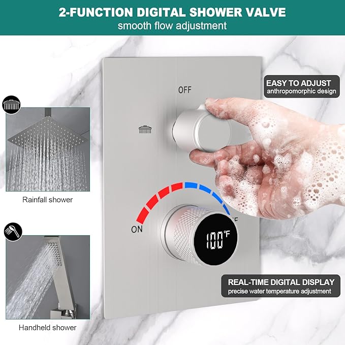 2 Way Shower Diverter Mixing Valve with Trim Kit, Digital Shower Brass Valve Body Temperature Display Mixer for Shower Faucets, Brushed Nickel