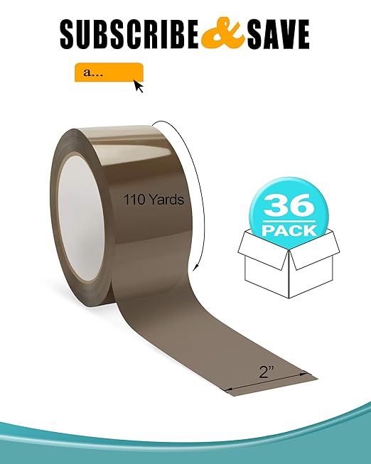 APQ 36 Rolls of Tan Carton Sealing Tape 2” x 110 Yards. Thickness 2 Mil 50 Micron Polypropylene Pressure Sensitive Tape for Packing, Shipping, Moving Boxes. Acrylic Adhesive. No Weathering, Yellowing.