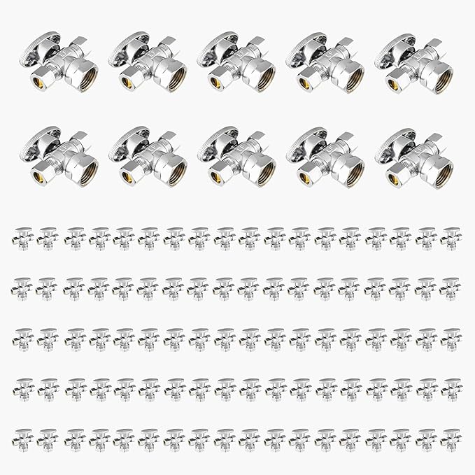 100-Pack GUOFIS Angle Stop Valve with Dual Compression Outlet,1/2" Fip Iron Pipe Inlet x (3/8" x 3/8") Outlet Shut-off Valves(1/4 Turn,Chrome)(VALVE369-100Pack)