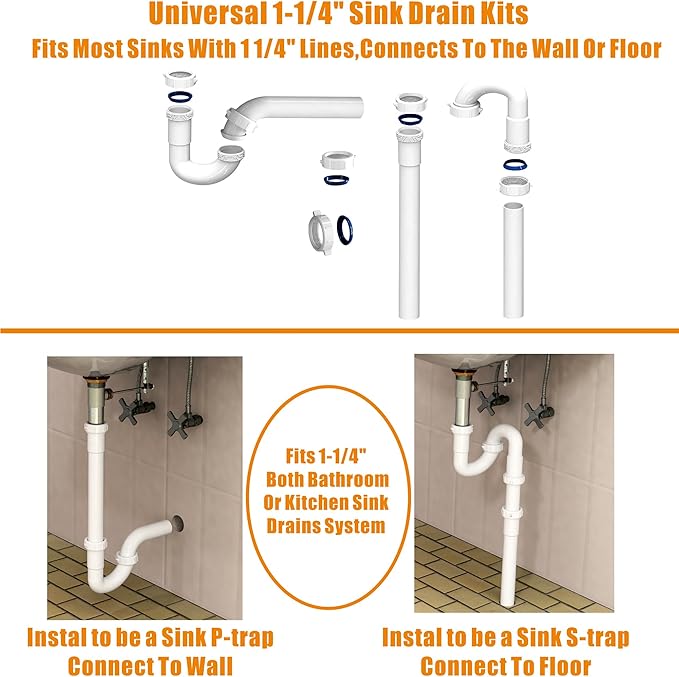 Bathroom Sink Drain Kit,for Most 1-1/4” Bathroom & Kitchen Sink Drain Repair,1-1/4” P Trap or S Trap Sink Plumbing Kit,Sink Pipe Replacement Parts