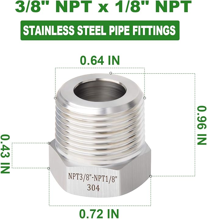 TAISHER 5PCS Forging of 304 Stainless Steel Reducer Hex Bushing, 3/8" Male NPT to 1/8" Female NPT, Reducing Forging Pipe Adapter Fitting