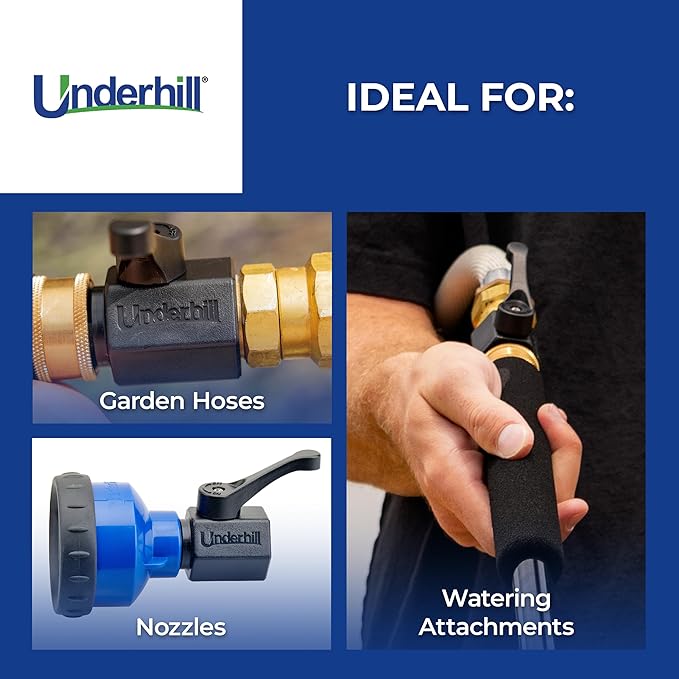 Underhill Garden Hose Shut Off Valve 3/4-Inch Thread, Plastic Nozzle Connector Attachment, Heavy-Duty Fittings, CV075P