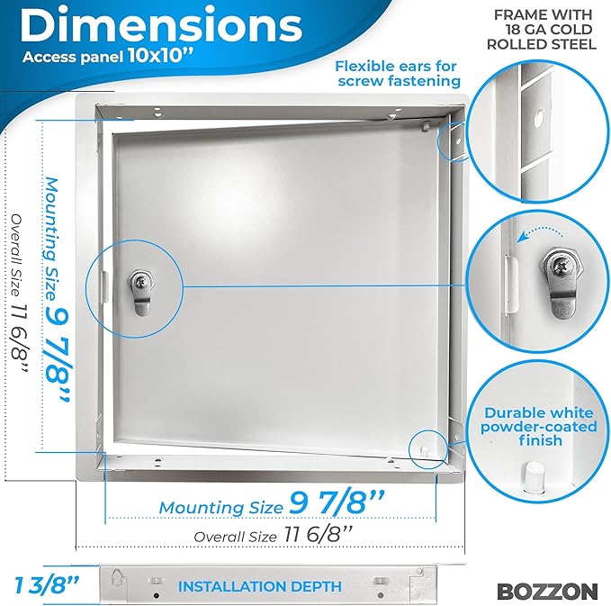 BOZZON Access Panel for Drywall 10 x 10 inch – Metal Door with Key Lock, 18 GA Steel Frame, Wall Hole Cover, Plumbing Access Door, White