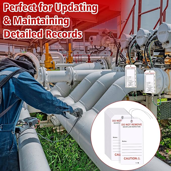 100 PCS Waterproof Backflow Inspection Tags 2.6 x 5.2 Inch Heavy Duty 18 Mil Writable Plastic Tags with Iron Wire & Pen Double-Sided Printing Pre-Punched Holes Maintenance Record for Backflow (White)