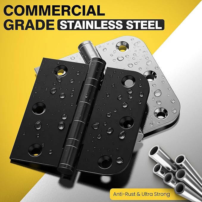 KOLET Ball Bearing Door Hinges, 3.5 x 3.5 Inches Black Front Door Hinges, Heavy Duty Stainless Steel Hinges, Square and 5/8'' Radius Corner, Smooth and Quiet, Non Removable Pin, Matte Black, 6 Pack
