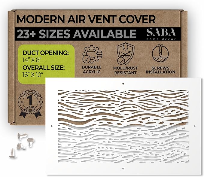 SABA Home Decor White Air Vent Cover - Acrylic Plexiglass 8" x 14" Duct Opening (10" x 16" Overall) Return Grille Covers for Walls & Ceilings NOT for Floor USE, Waves (8" x 14", Screws Installation)