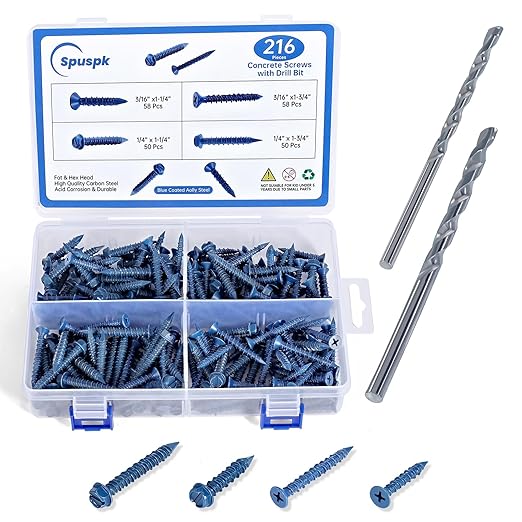 Concrete Screws Assortment Kit with Drill Bit, 216Pcs Concrete Screws 1/4”and3/16 Flat&Hex Head Masonry Block Brick Cement Screws and Anchors.Concrete Screws No Pre Drilling,Diamond Point,Blue Coated