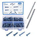 Concrete Screws Assortment Kit with Drill Bit, 216Pcs Concrete Screws 1/4”and3/16 Flat&Hex Head Masonry Block Brick Cement Screws and Anchors.Concrete Screws No Pre Drilling,Diamond Point,Blue Coated