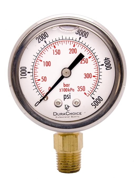 2" Oil Filled Pressure Gauge - Stainless Steel Case, Brass, 1/4" NPT, Lower Mount Connection, 0-5,000PSI