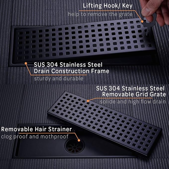 Linear Shower Floor Drain with Removable Cover Grid Grate 12 inch Long Rectangle, SUS 304 Stainless Steel Matte Black Plated Finish