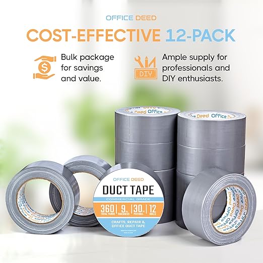 Duct Tape Heavy Duty Waterproof, 30 Yards x 2 Inch, 12-Roll Pack, All-Weather Grey Duct Tape Bulk, Strong, No Residue, Industrial and Professional Use
