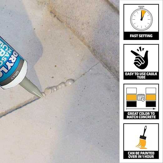 DRYLOK Masonry Crack Filler, 10.5 fl. oz – Seals & Waterproofs Cracks in Concrete, Masonry, Walls & Floors, Fast-Setting, Paintable in 1 Hour, Indoor/Outdoor Use, Gray