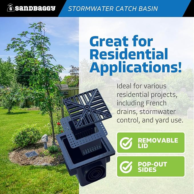 Sandbaggy 12" x 12" Stormwater Catch Basin - 4 Outlets - UV Treated with Debris Basket - Residential, Yard, Lawn, French Drains (12" x 12", 10, Count)