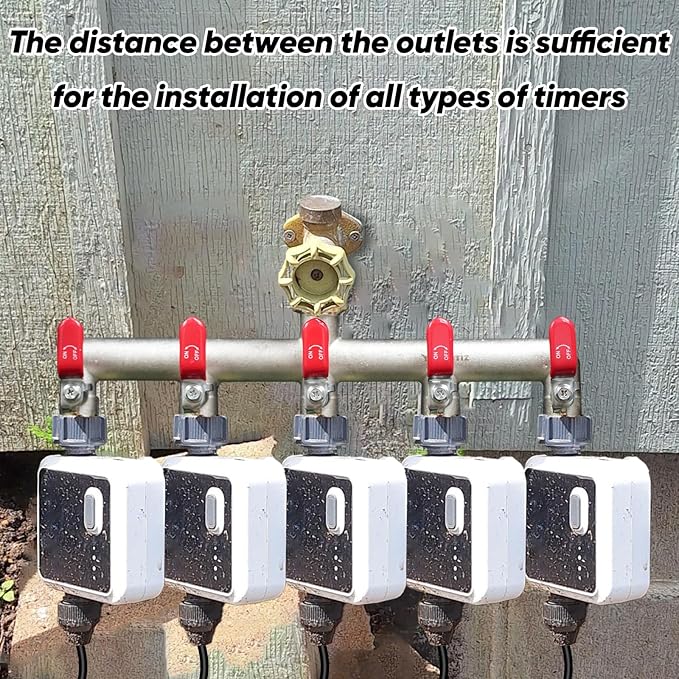 5 Way Garden Hose Splitter, Heavy Duty Brass Nickel Plated Rust Resistant Faucet Manifold, 3/4" Frost Resistant Outdoor Hose Adapter Connector，Hose Spigot Adapter with 5 large red handles