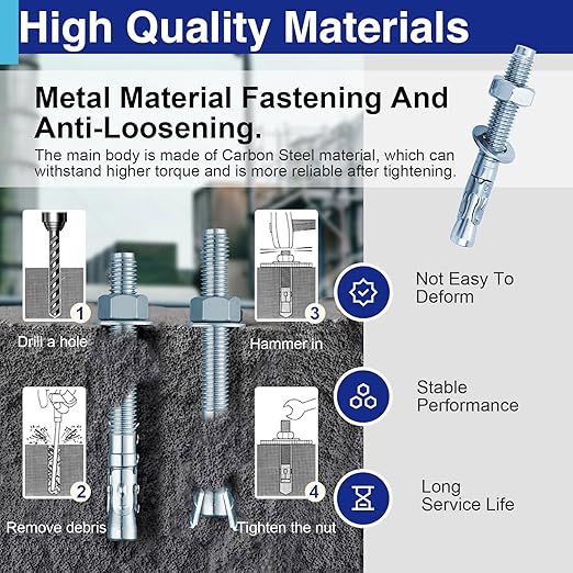 10Pcs 1/2" × 7" Concrete Anchor Bolts, Zinc Plated Carbon Steel Wedge Anchors for Cement, Brick, and Masonry