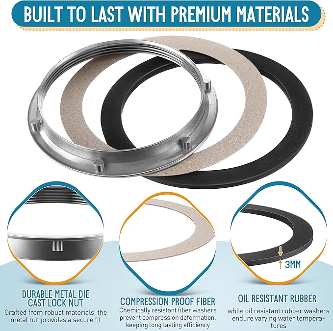 9 Pack Sink Strainer Nut and Washer Set, With 1 Metal Nut, 4 Rubber Washers and 4 Fiber Washers, Leak Proof Design, Minimize Replacements and Extend Sink Strainer, Easy to Install