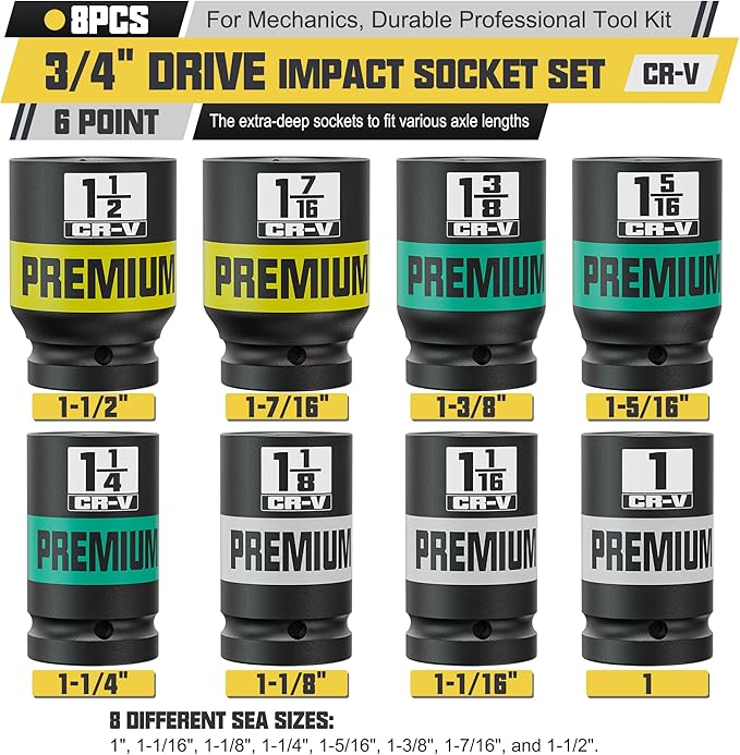 8pcs 3/4" Drive Impact Socket Set, SAE Axle Nut Sockets, 1" to 1-1/2" Thicker Jumbo Sockets, Socket Set, 6 Point, Cr-V, for Mechanics, Durable Professional Tool Kit