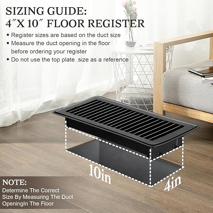 2 PCS Floor Vents Floor Registers 4x10 inch, Heavy Duty Metal Heat Air Vent Covers 4 X 10 with Rust Proof Finish for Home Office Wall Floor Registers Grilles & Vents (2, Black, 4x10 Inches)
