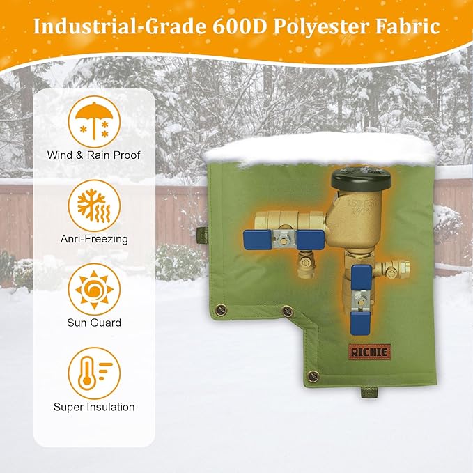 Backflow Preventer Insulated Cover (5°F) for Winter Freeze Protection, 13"W x 12"H Thickened Pressure Vacuum Breaker & Well Pump Cover, Outdoor Waterproof Insulation Pouch for Sprinkler Valve, Green
