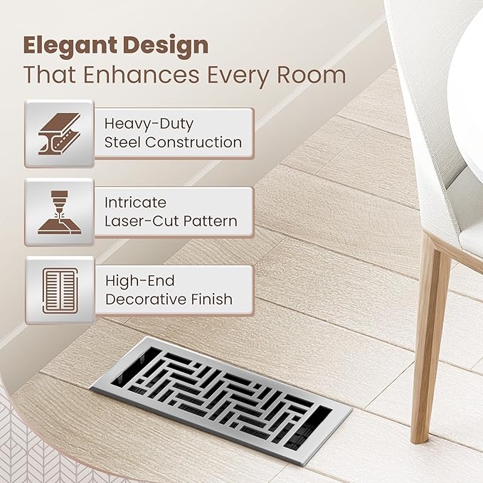 Floor Register 4x10 Vent Cover – 2 Pack – Heavy-Duty Steel, Rustproof & Walkable Grates, Easy Drop-in Install, Adjustable Air Supply Switch - Decorative Herringbone Design, Brushed Nickel