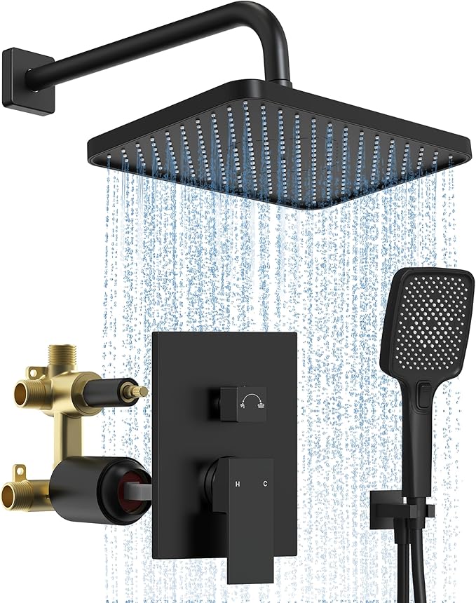 Upgraded Shower System for Bathroom: Aposhion 12 Inch Square Rainfall Shower Faucet Set Rough-in Pressure-balanced Valve with Handheld Sprayer, Wall Mounted Luxury Rain Shower Faucet Kit Complete