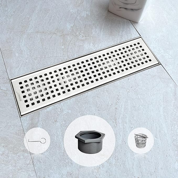 Linear Shower Drain 12", 304 Stainless Steel Floor Drain with Grid Drain Cover & Hair Strainer, Rectangular Shower Drain w/CUPC Certified, Brushed