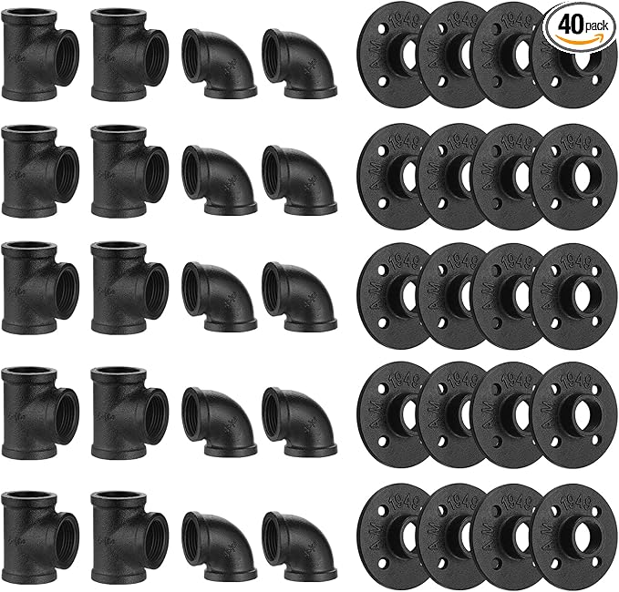 3/4" Black Floor Flange/Elbow/Tee Combo, 40 Pack Threaded Pipe Fitting for Industrial vintage style, DIY Project/Furniture/Shelving Decoration (40, Black, 3/4 Inch)