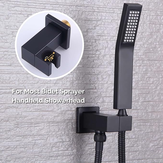 Wall Union with Hand Shower Holder, Angle Simple Brass Wall Mounted Supply Elbow with Adjustable Shower Wand Bracket Matte Black