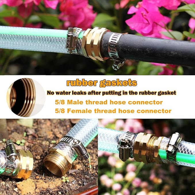 Garden Hose Repair Connector with Clamps Hose End Repair Kit,5/8" Barb Garden Hose Fittings Male and Female brass garden hose ends (5/8"Barb-10 Set)