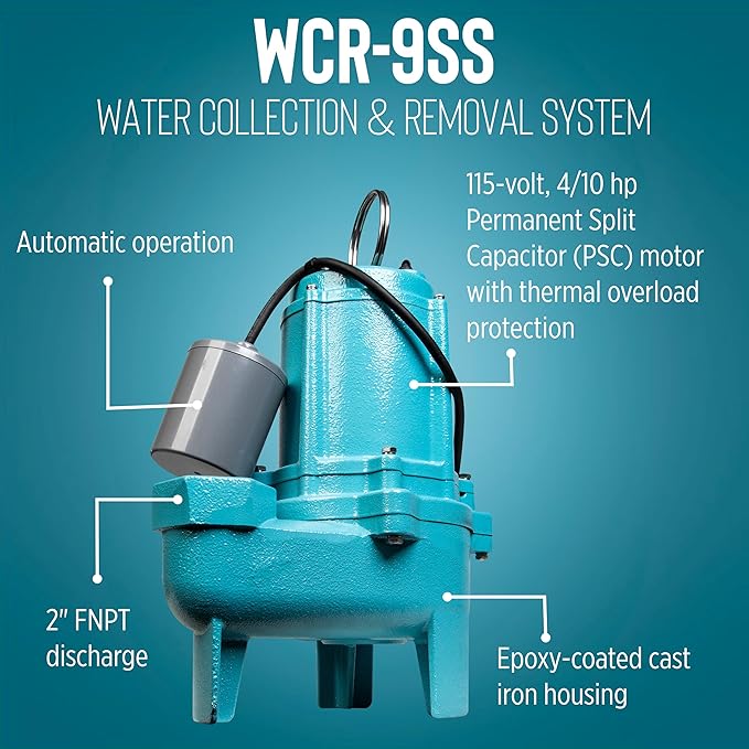 Little Giant WCR-9SS 115 Volt, 4/10 HP, 4800 GPH Automatic Outdoor Water/Seepage Collection and Removal System with Sewage Pump, 20' Piggyback Float Switch, Steel Cover, Green/Blue, 509082