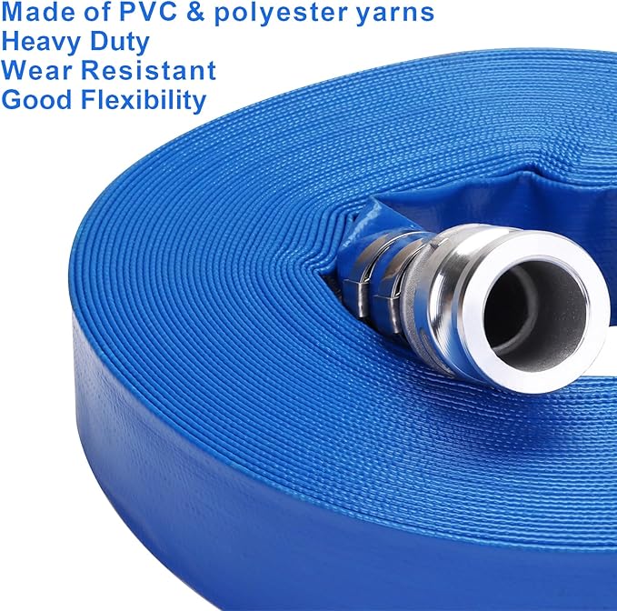Lay-Flat Pool Backwash Hose - 1.5" x 100Ft with Aluminum Camlock C & E Fittings Reinforced Heavy Duty PVC Discharge Hose Weather-Proof Vinyl Pool Drain Hose for Water Transfer