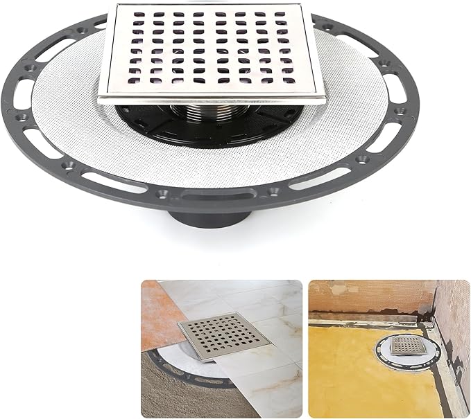 6-Inch Square Shower Drain with Bonding Flange - Durable Stainless Steel Shower Drain Flange Kit for Quick Drainage, Easy Installation, Ideal for Bathroom & Wet Area Renovations