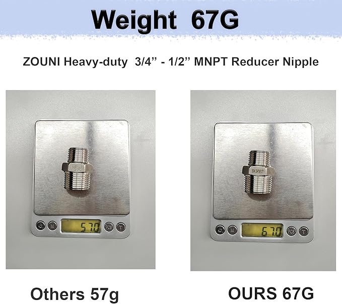 ZOUNI 4pcs Reducing Hex Nipple, 304 Stainless Steel 3/4" NPT Male x 1/2" NPT Male Pipe Fitting Reducer Nipple Adapter 2000psi Reducer Straight Connector (4pcs, 3/4"-1/2")