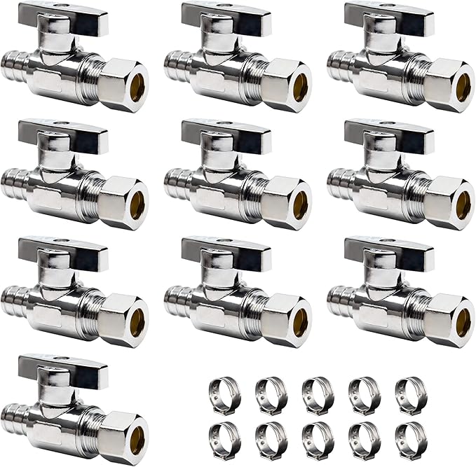 10 Pcs 1/2 Inch Pex x 3/8 Inch Od Compression Straight Stop Valve, 1/2" Pex x 3/8" OD Compression Straight Shut Off Valve, Solid Brass, Chrome