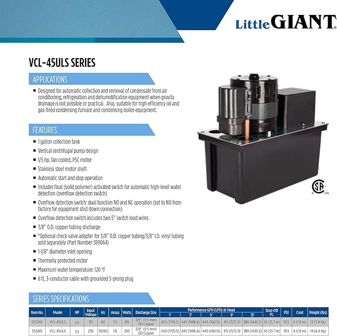 Little Giant VCL-45ULS 115 Volt, 1/5 HP, 450 GPH, Automatic Condensate Removal Pump with 1-Gallon Tank and Safety Switch, 6-Ft. Cord, Black, 553240