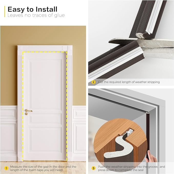 Weather Stripping Door Seal Strip - Soundproof Q-Shaped Foam for Exterior Door Frame, Large Gap Seal, Noise Cancelling, Easy to Install (Brown, 28FT)