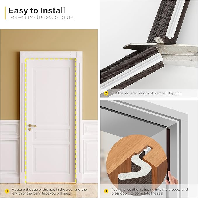 Weather Stripping Door Seal Strip - Soundproof Q-Shaped Foam for Exterior Door Frame, Large Gap Seal, Noise Cancelling, Easy to Install (Brown, 26FT)