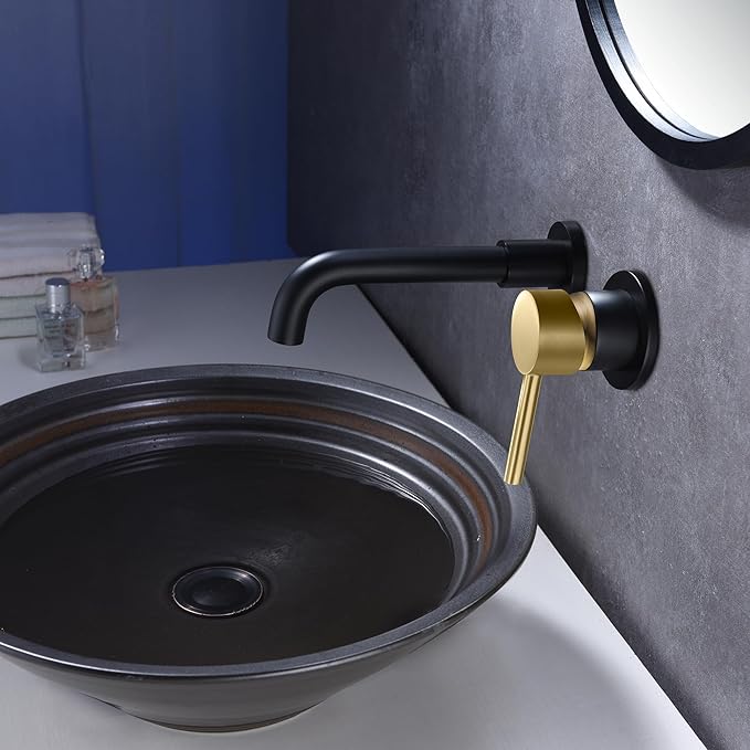 SUMERAIN Wall Mount Bathroom Faucet Black and Gold Wall Mount Faucet for Bathroom Sink, with Two Handles and Rough in Valve